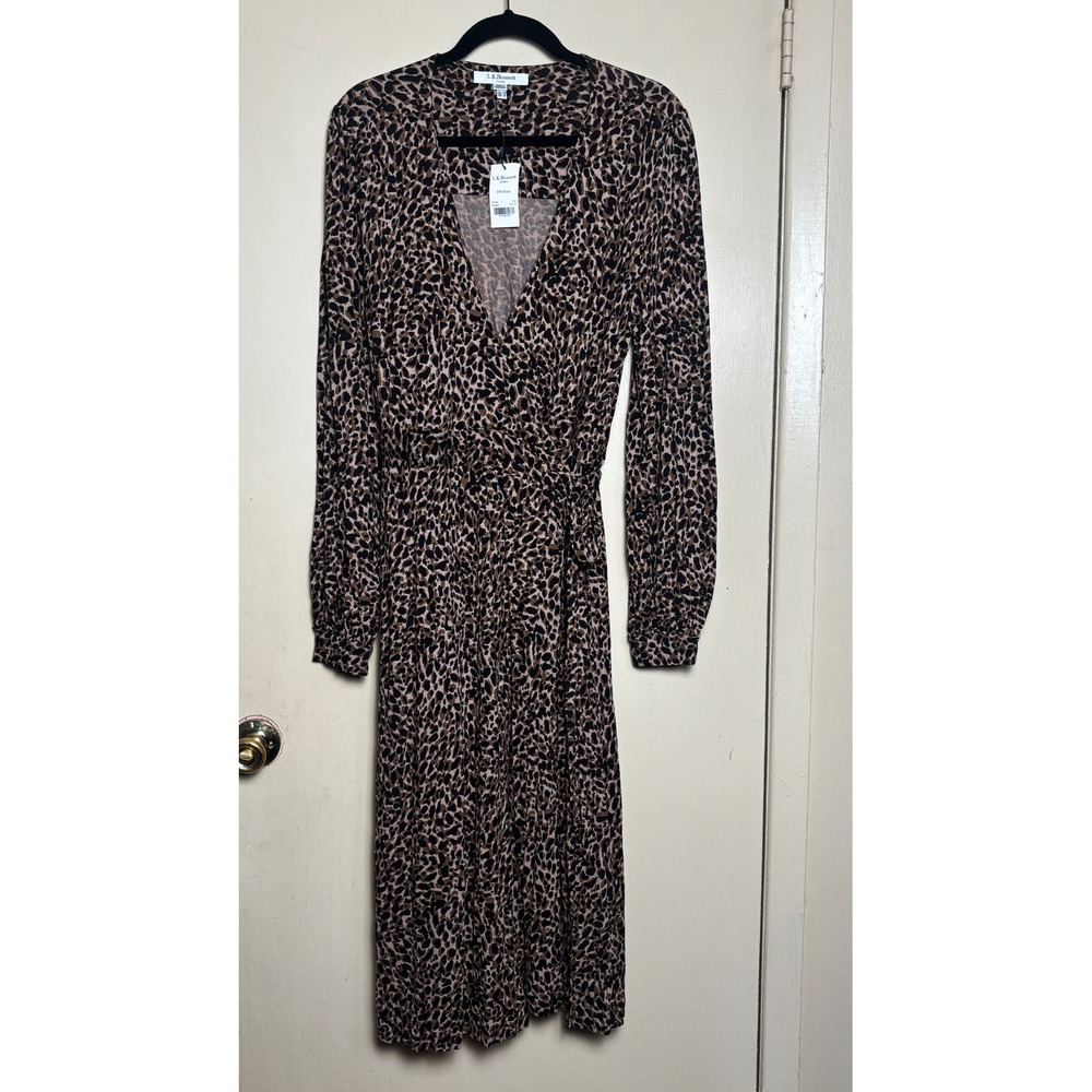 L.K. Bennett Wrap Dress Womens 12 Brown Jill Daisy Leopard Print Long Sleeve NWT